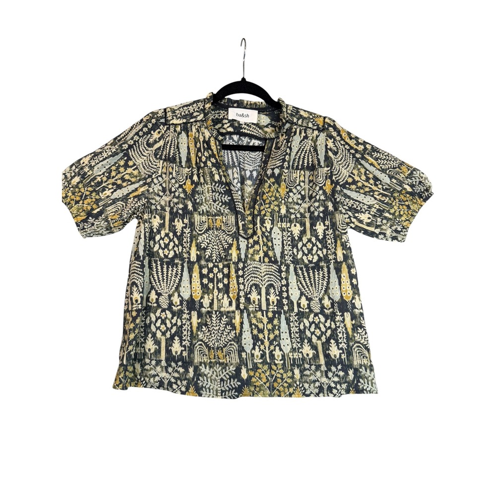 Ba&sh Women Navy Yellow Botanical Tree Print Cotton Split Neck Blouse Size 0